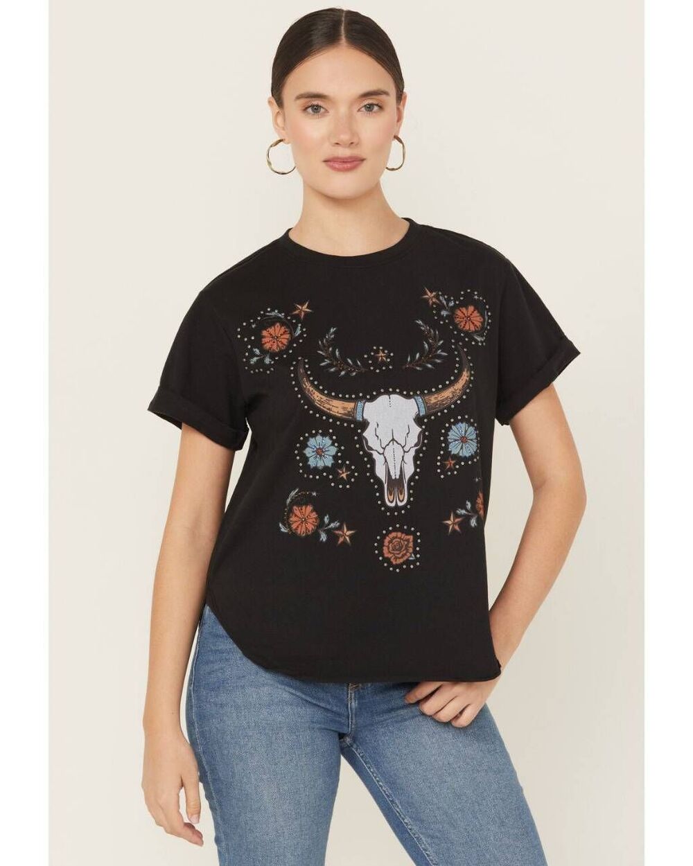 Idyllwind Studded Embellished Bull Skull Black Graphic Tee Medium Western Cowgir